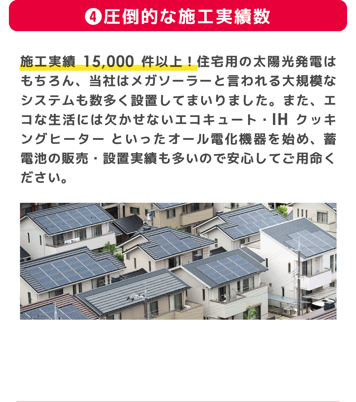 15,000件以上の施工実績があり、住宅屋根からメガソーラーまで、またエコキュートやIHクッキングヒーター、蓄電池など、エコロジーな商品の販売施工に自信を持っております。